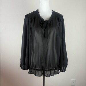A.N.A Women’s Black‎ Sheer Blouse XL Tie Neck Long Sleeve Lightweight Size XL